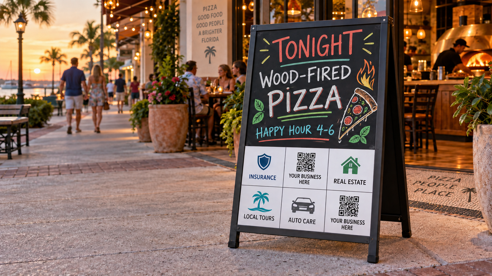 An Ad Board outside a Florida pizza restaurant, with the restaurant's erasable message above local advertiser spaces and QR-code openings marked Your Business Here