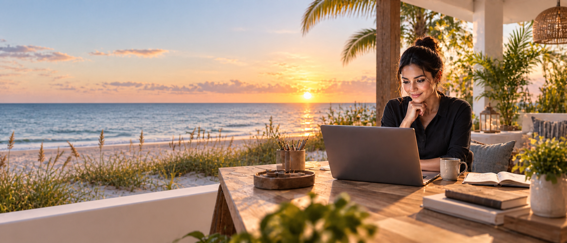 A small-business owner working on her laptop from a bright Florida beachside workspace at sunset